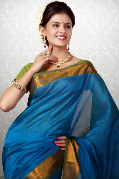 Blue & Green Pure Silk Cotton Saree