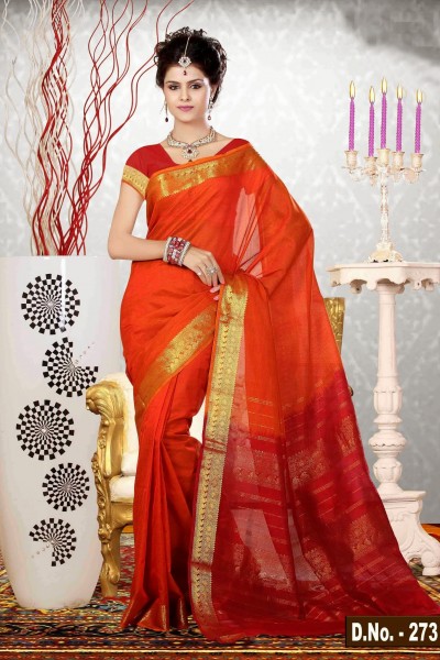 Orange Pure Silk Cotton Saree