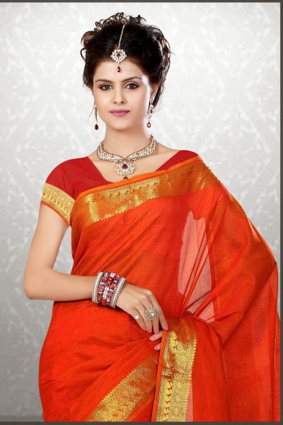 Orange Pure Silk Cotton Saree 1