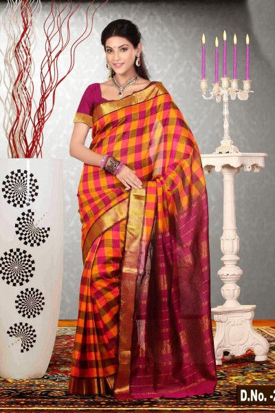 Yellow & Magenta Pure Silk Cotton Saree 1