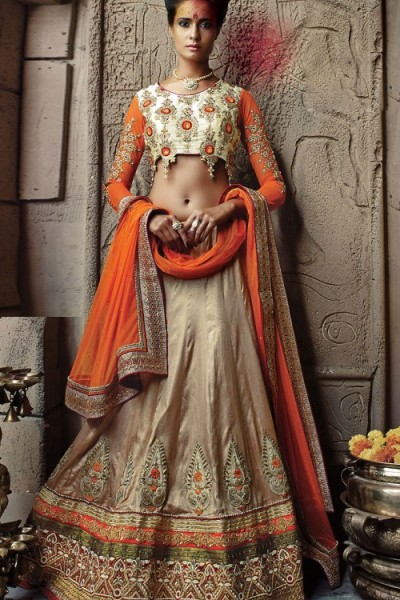 Fantastic Off White Art Silk Wedding Lehenga Choli With Orangee Dupatta 1
