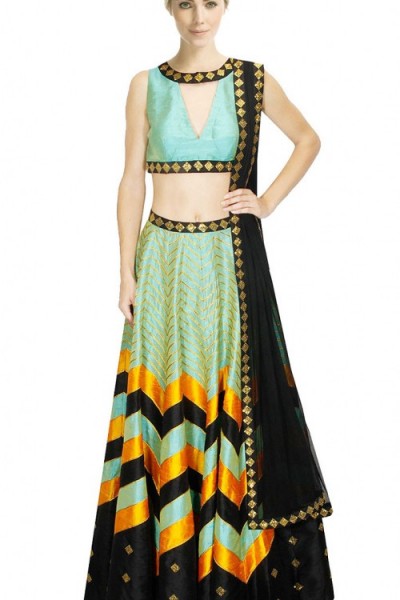 Magnificent Sea Green Silk Crop Top Lehenga With Sequins Work Border Dupatta 1