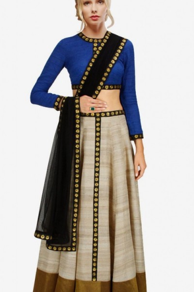 Stylish Silver Raw Silk And Net Golden Work Crop Top Lehenga 1